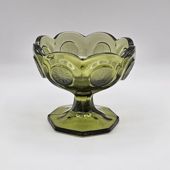 FOSTORIA COIN Green Glass Compote Pedestal Dish Bowl Vintage Eagle Olympic Torch - Picture 2 of 11